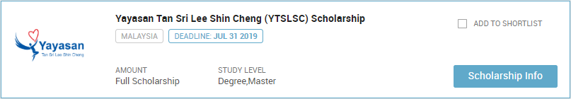 Yayasan Tan Sri Lee Shin Cheng (YTSLSC) Scholarship
